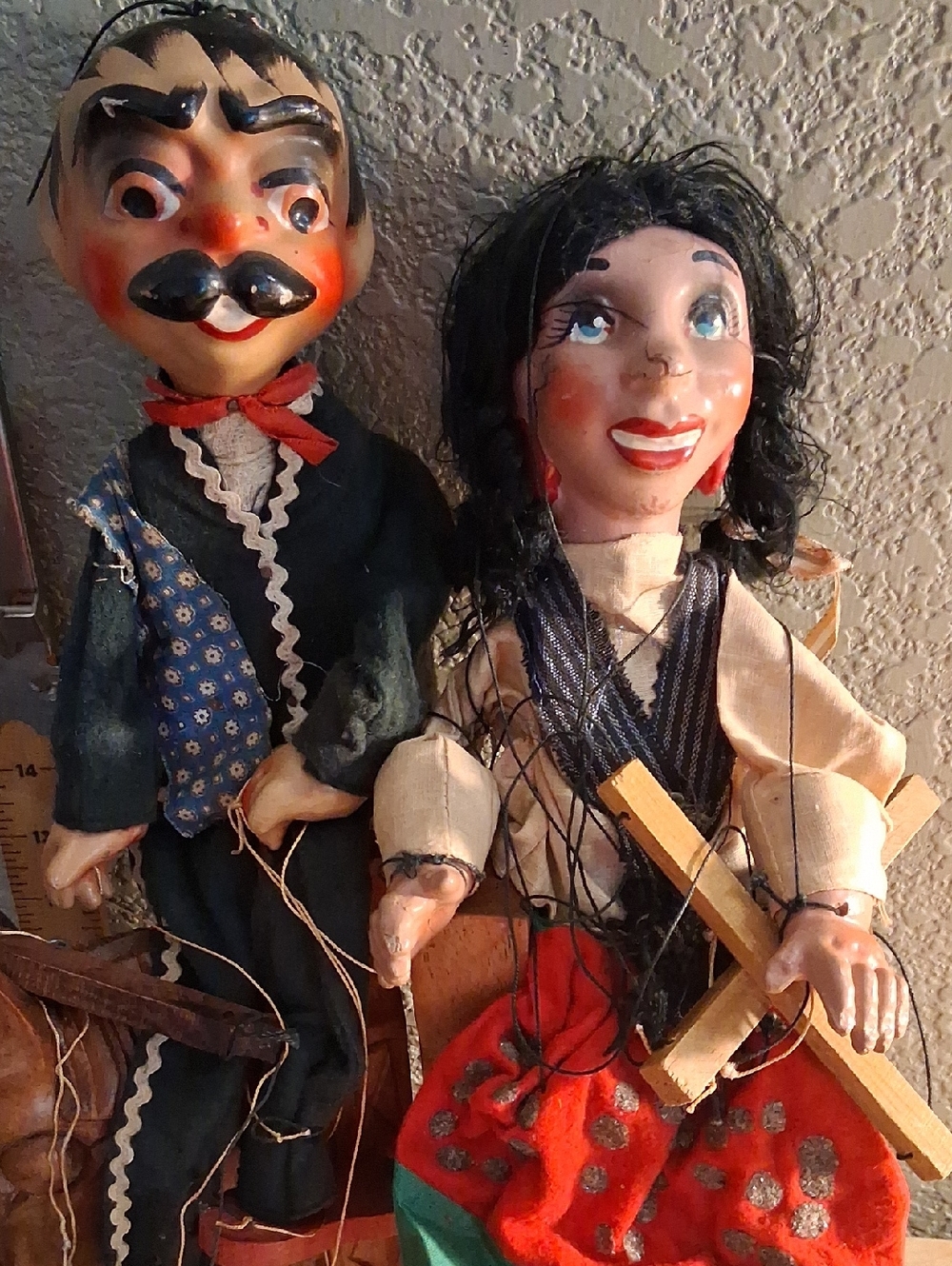 Handmade Vintage Marionette Pair - Red, Black, Cream